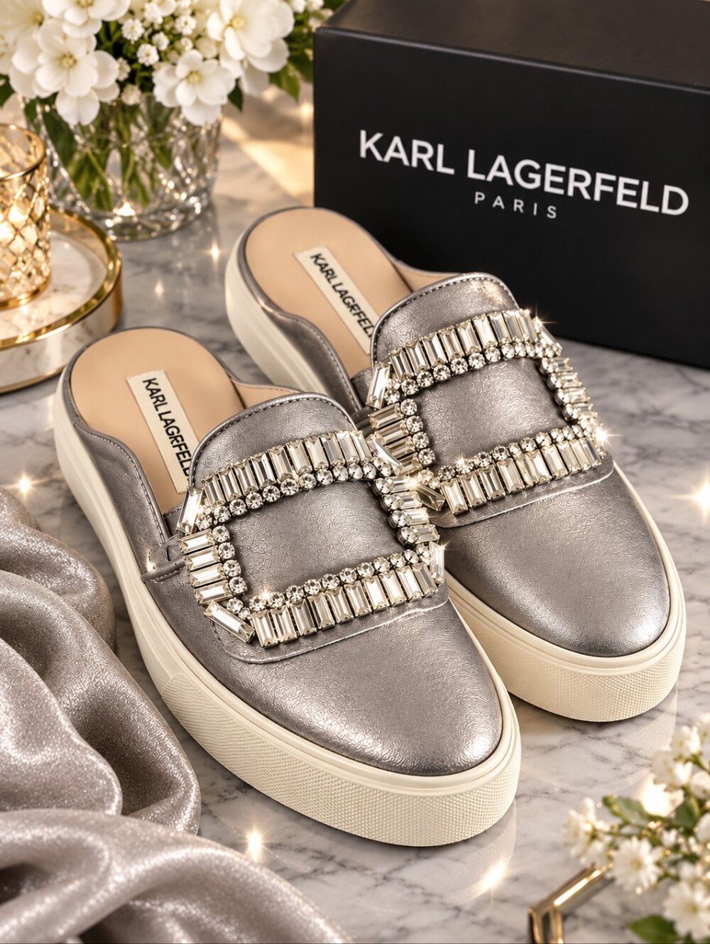 Karl Lagerfeld Silver Crystal-Embellished Slip-On Mules Size 6 M FLATS